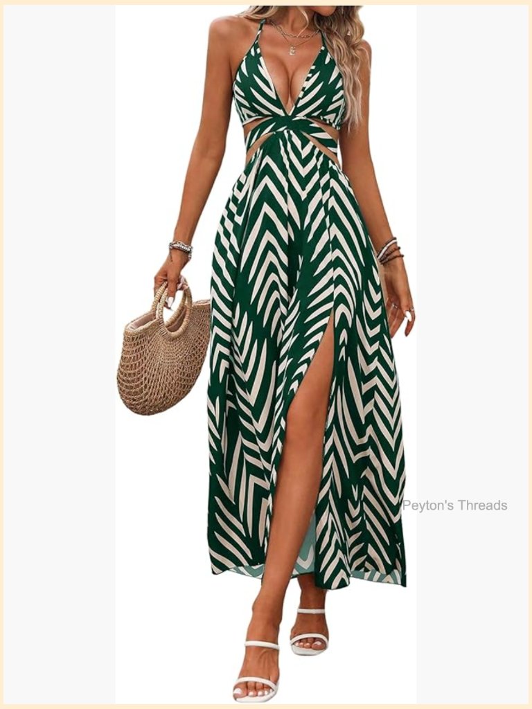 Halter Tie Back Cut Out Maxi Dress Deep V Neck High Split Flowy